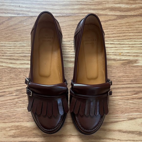 Sezane Dark Brown Leather Loafers with Fringe and Buckle - Picture 1 of 8